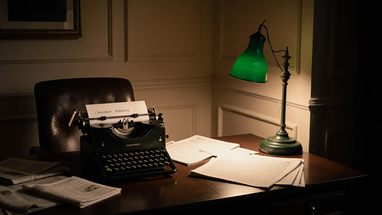 Verlagsbüro mit Vintage-Schreibmaschine und grüner Bankerlampe