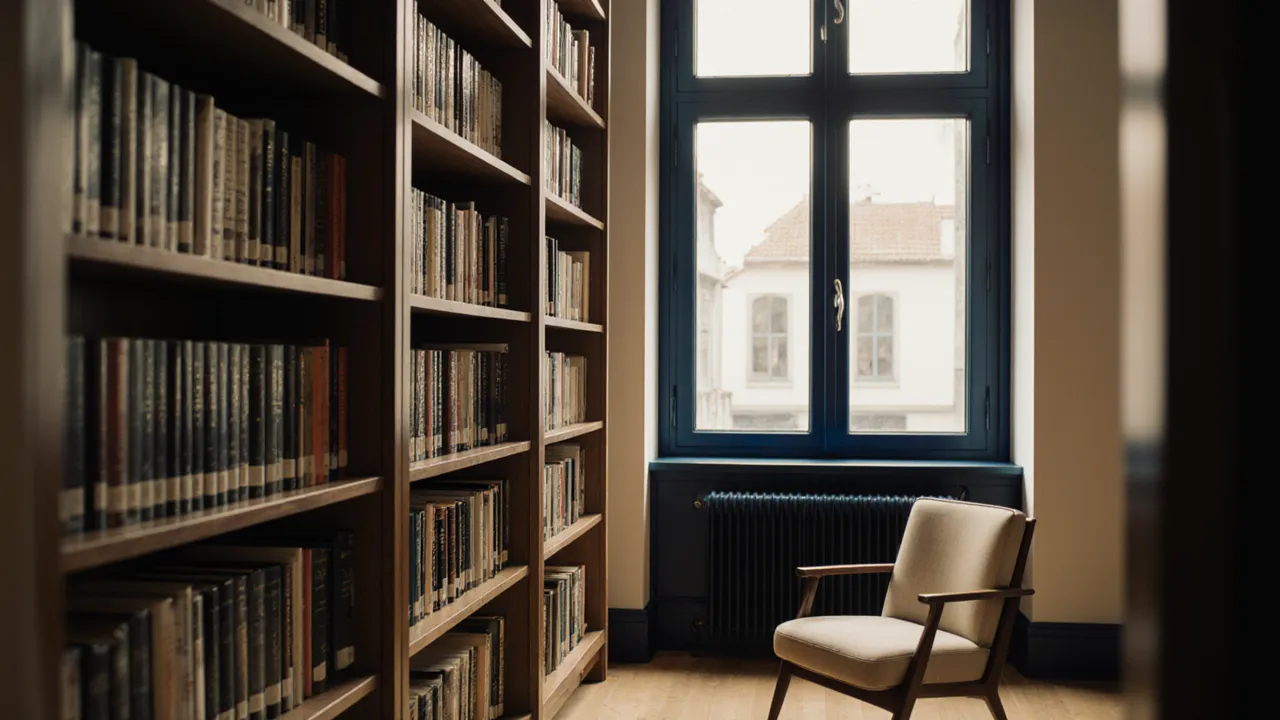Innenraum einer Berliner Buchhandlung mit hohen Fenstern und Holzregalen